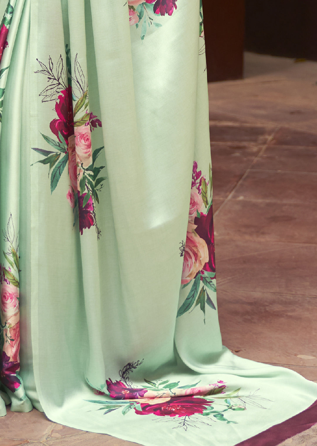 MINT GREEN WOVEN DIGITAL PRINTED PURE SATIN CREPE SILK SAREE