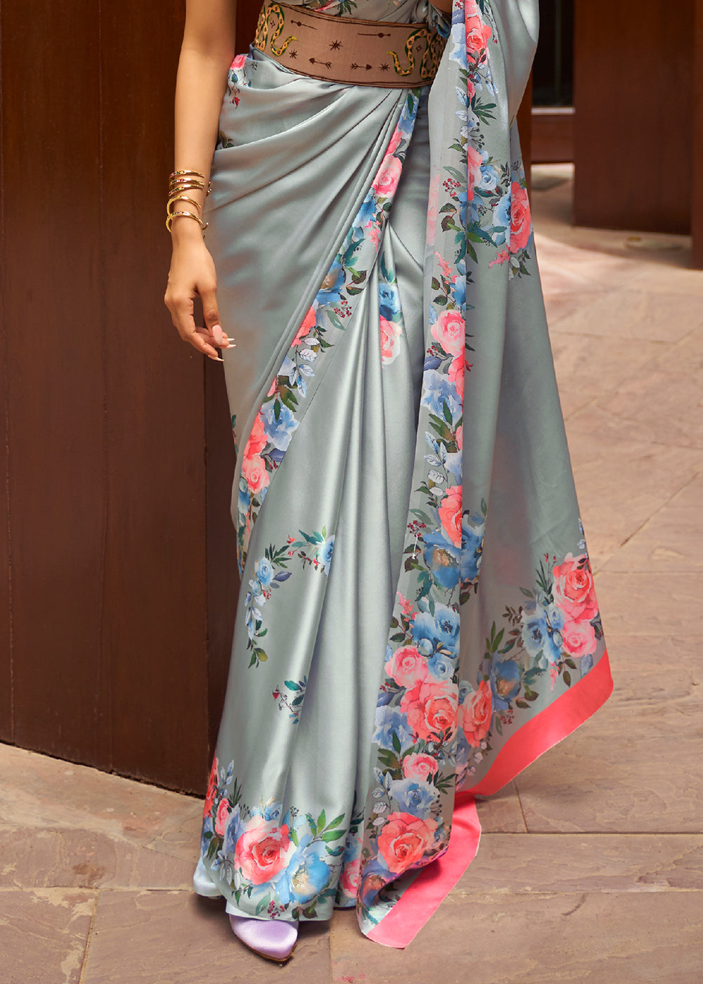 ICEBERG BLUE WOVEN DIGITAL PRINTED PURE SATIN CREPE SILK SAREE