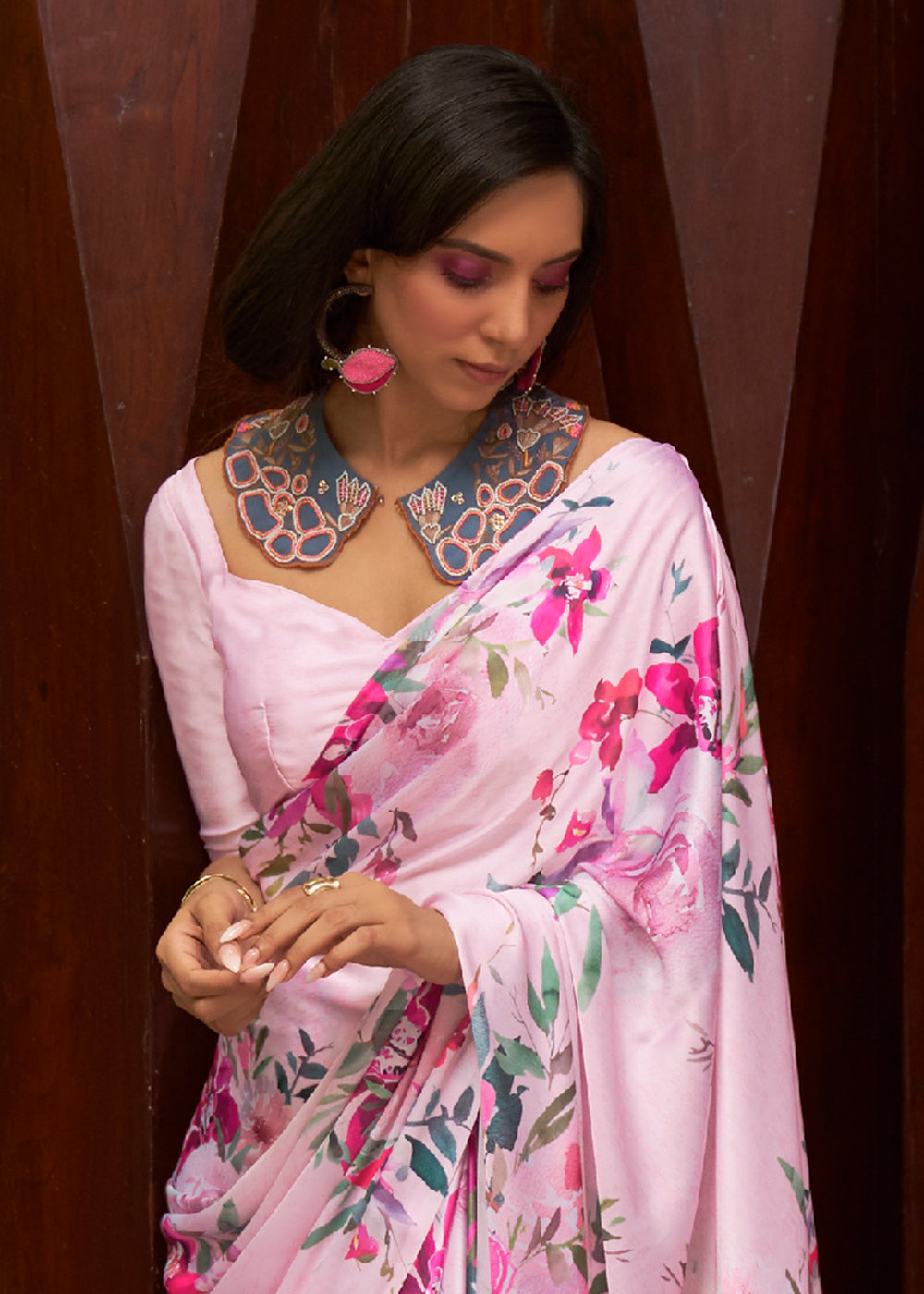 BLUSH PINK WOVEN DIGITAL PRINTED PURE SATIN CREPE SILK SAREE