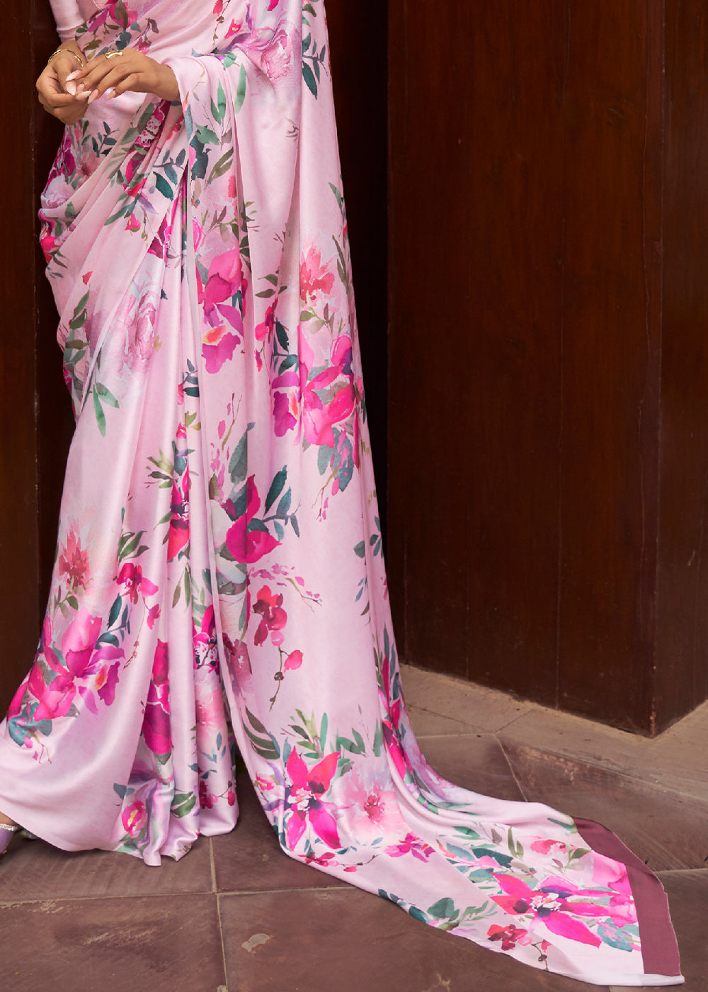 BLUSH PINK WOVEN DIGITAL PRINTED PURE SATIN CREPE SILK SAREE