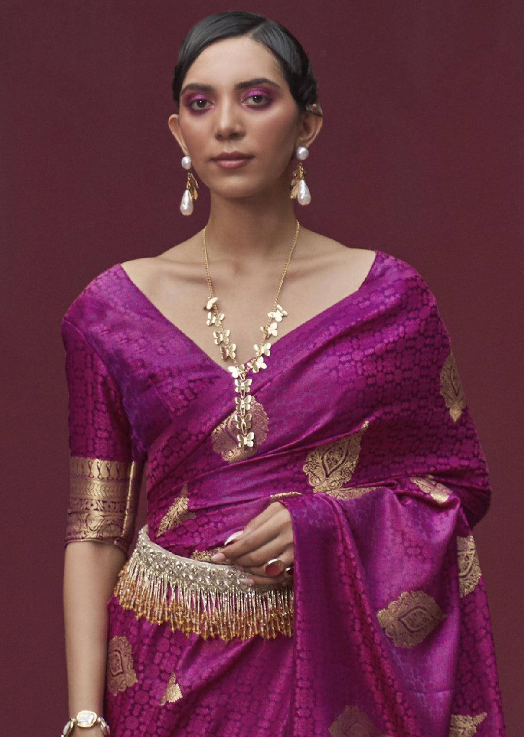 MAGENTA PURPLE ZARI WOVEN PURE SATIN SILK SAREE