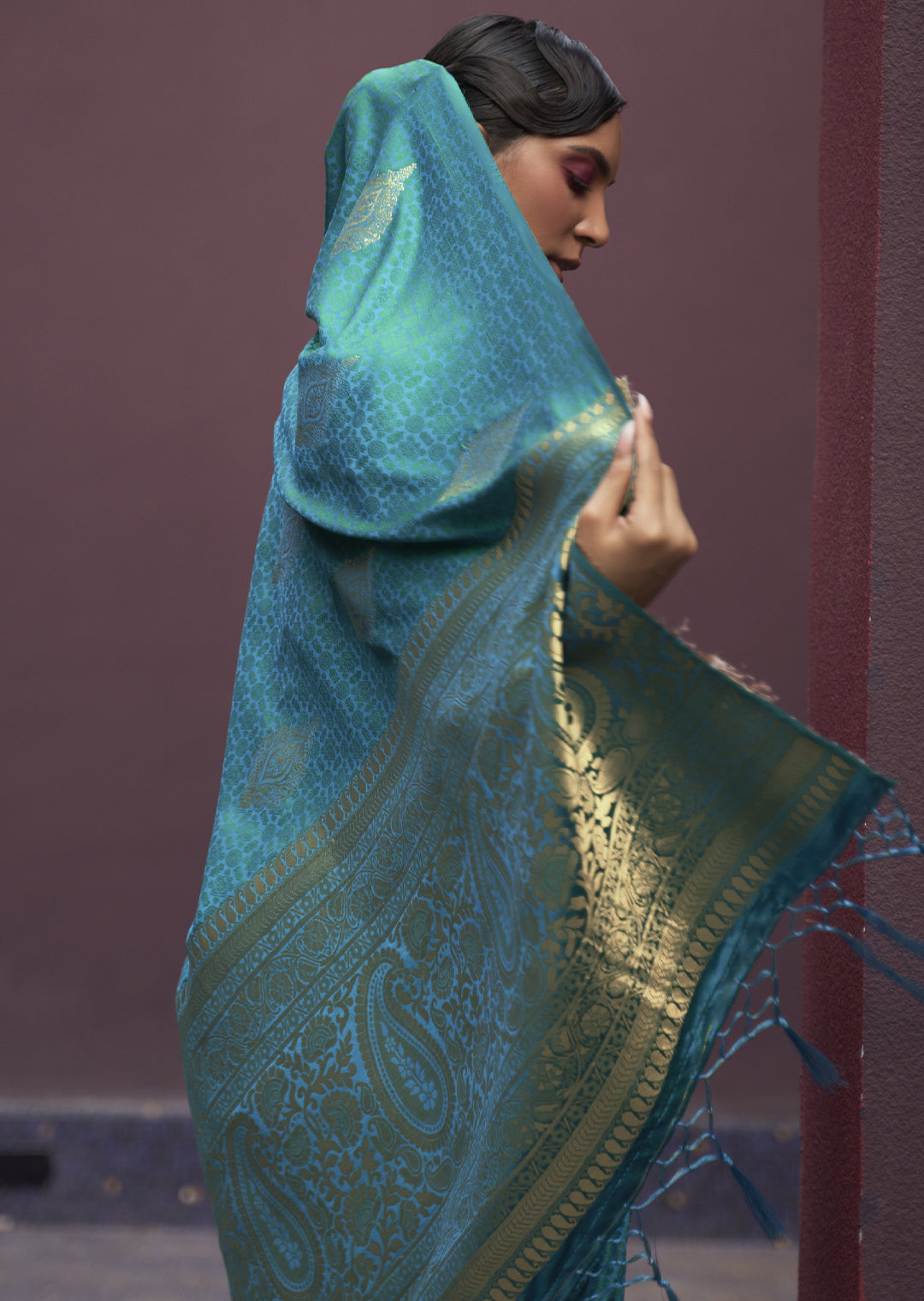 DEEP TURQUOISE BLUE ZARI WOVEN PURE SATIN SILK SAREE