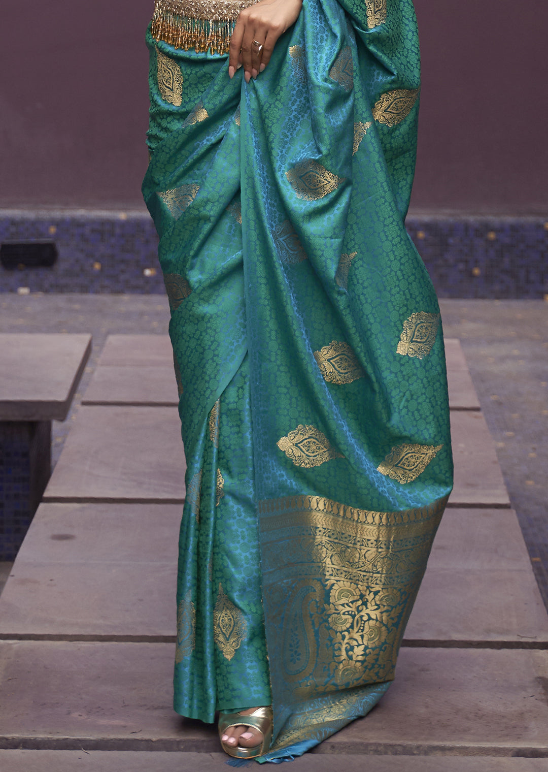 DEEP TURQUOISE BLUE ZARI WOVEN PURE SATIN SILK SAREE