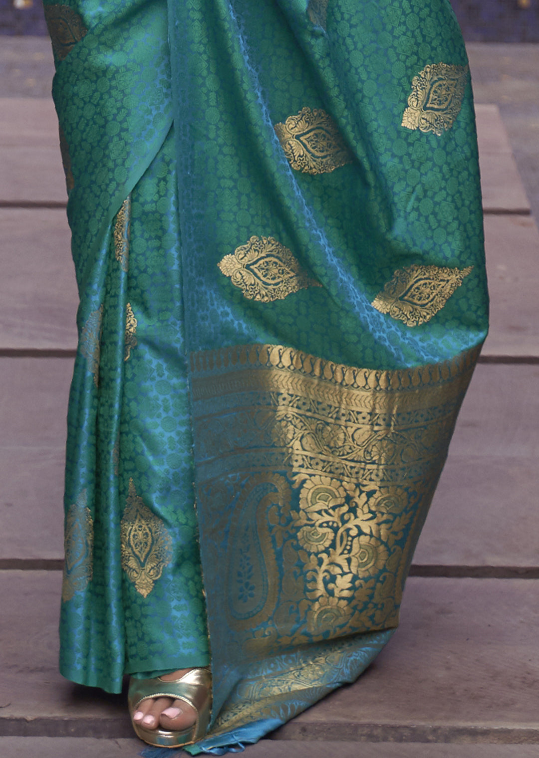 DEEP TURQUOISE BLUE ZARI WOVEN PURE SATIN SILK SAREE