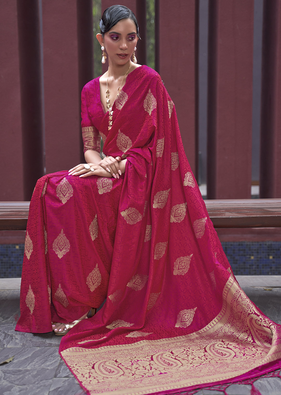 RUBY RED ZARI WOVEN PURE SATIN SILK SAREE