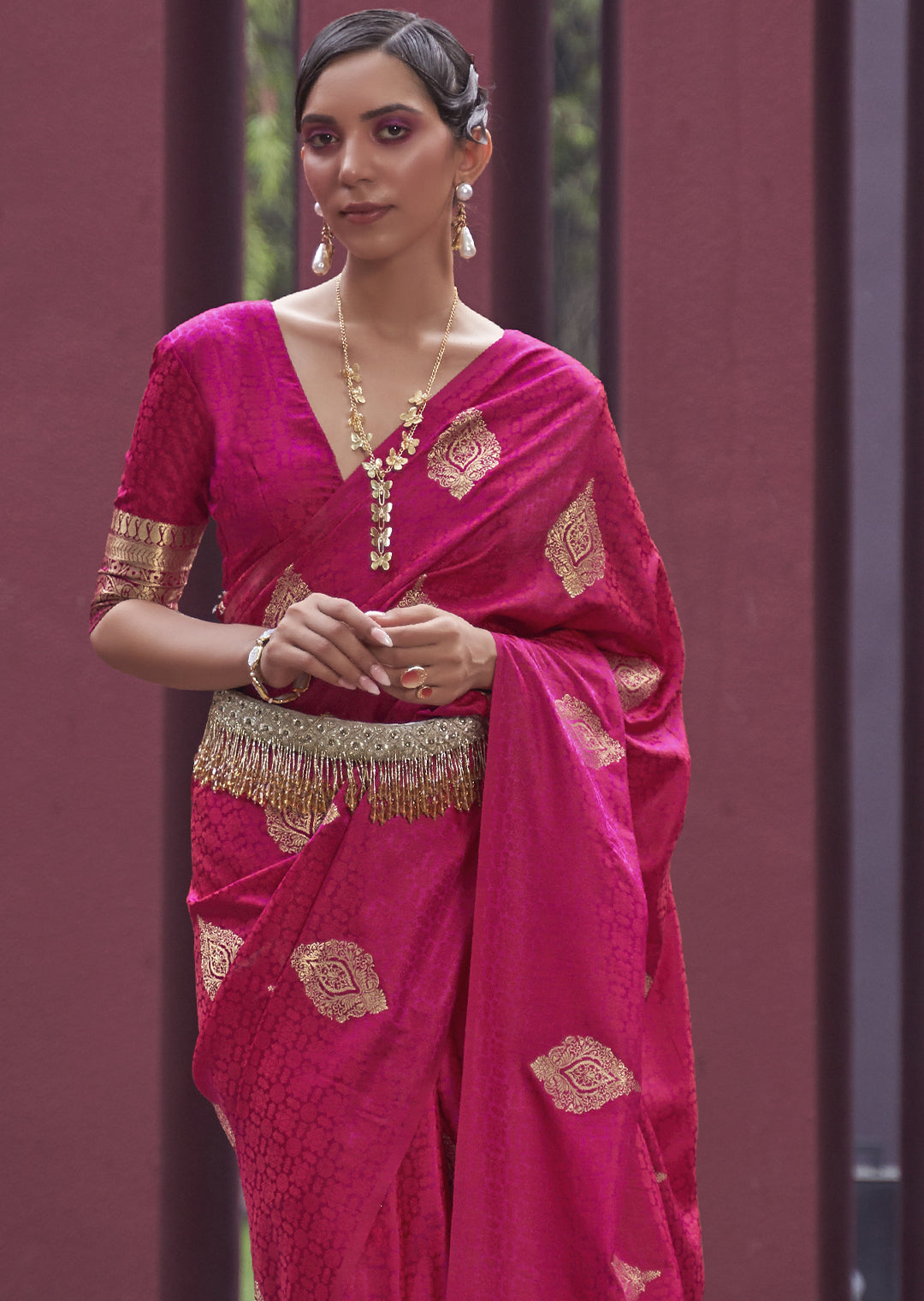 RUBY RED ZARI WOVEN PURE SATIN SILK SAREE