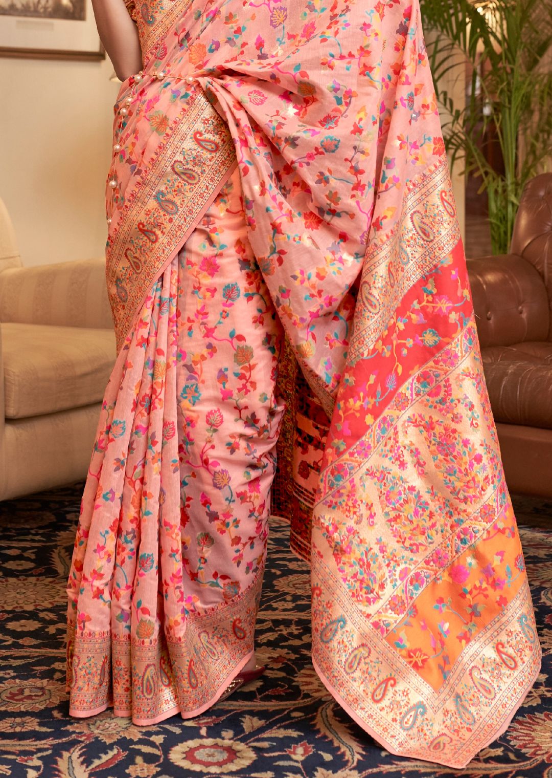 Peach Woven Pure Handloom Kashmiri Jamewar Silk Saree