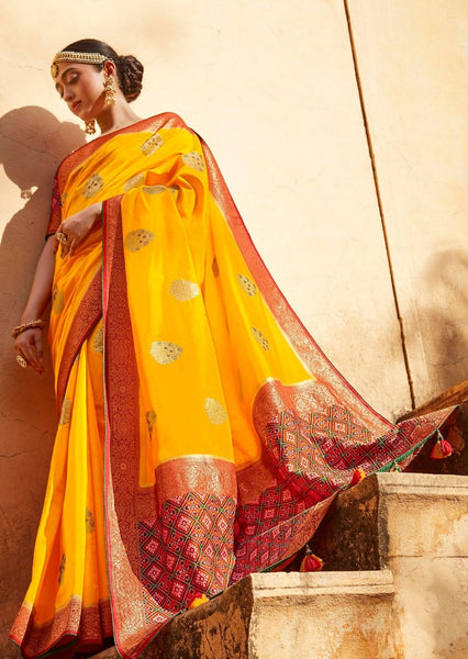 Mustard Yellow Katan Silk Saree Set Design by Zal From Benaras at Pernia's  Pop Up Shop 2024