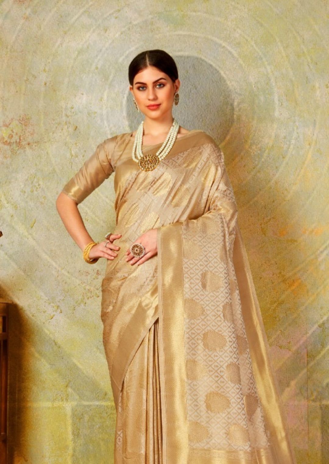 Beige Woven Banarasi Silk Saree