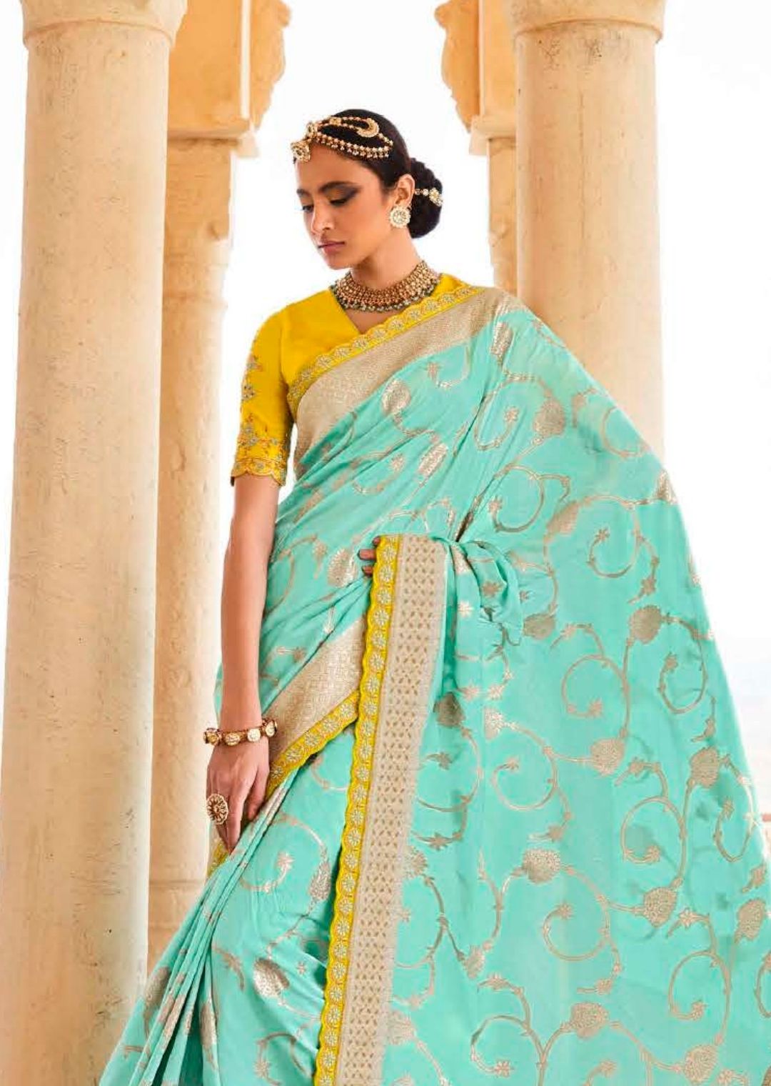 Celeste Blue Woven Exclusive Designer Banarasi Silk Saree With Embroidered Silk Blouse