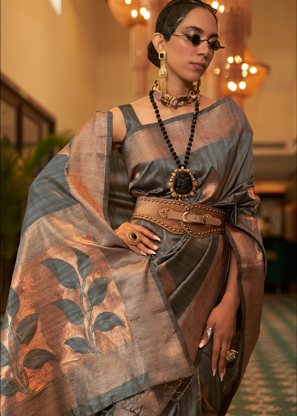 SLATE GRAY COPPER ZARI WOVEN HANDLOOM SILK SAREE