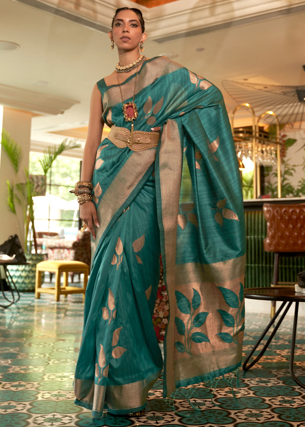 Buy Sea Green Saree Golden Blue Peacock Border Online | trendwati