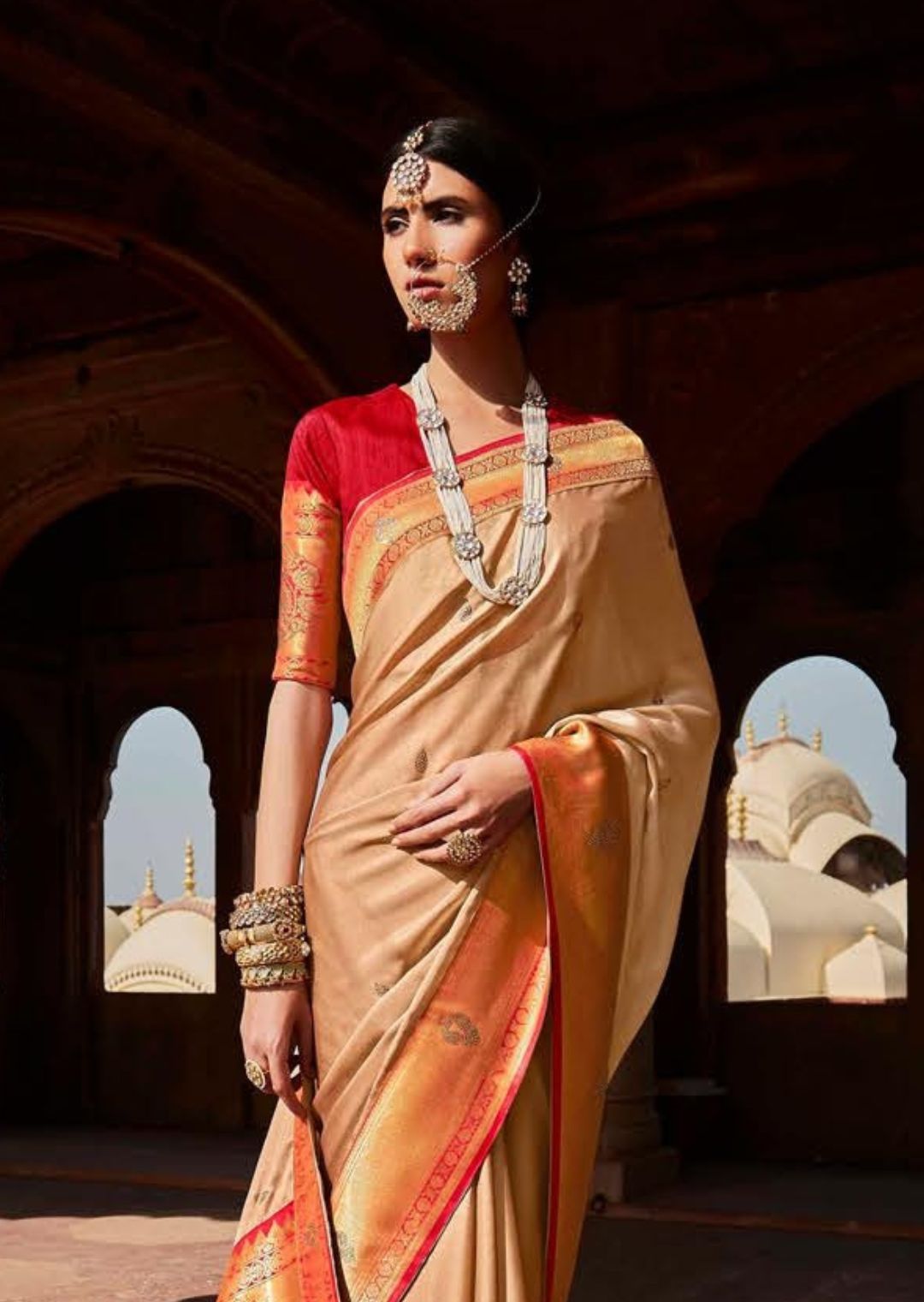 Beige Woven Traditional Banarasi Silk Saree