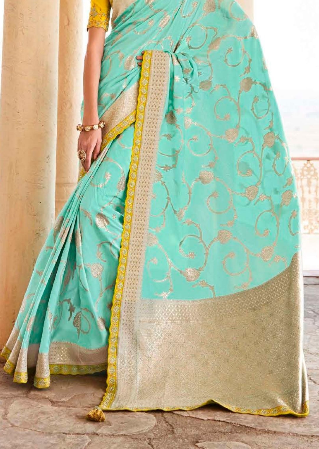 Celeste Blue Woven Exclusive Designer Banarasi Silk Saree With Embroidered Silk Blouse