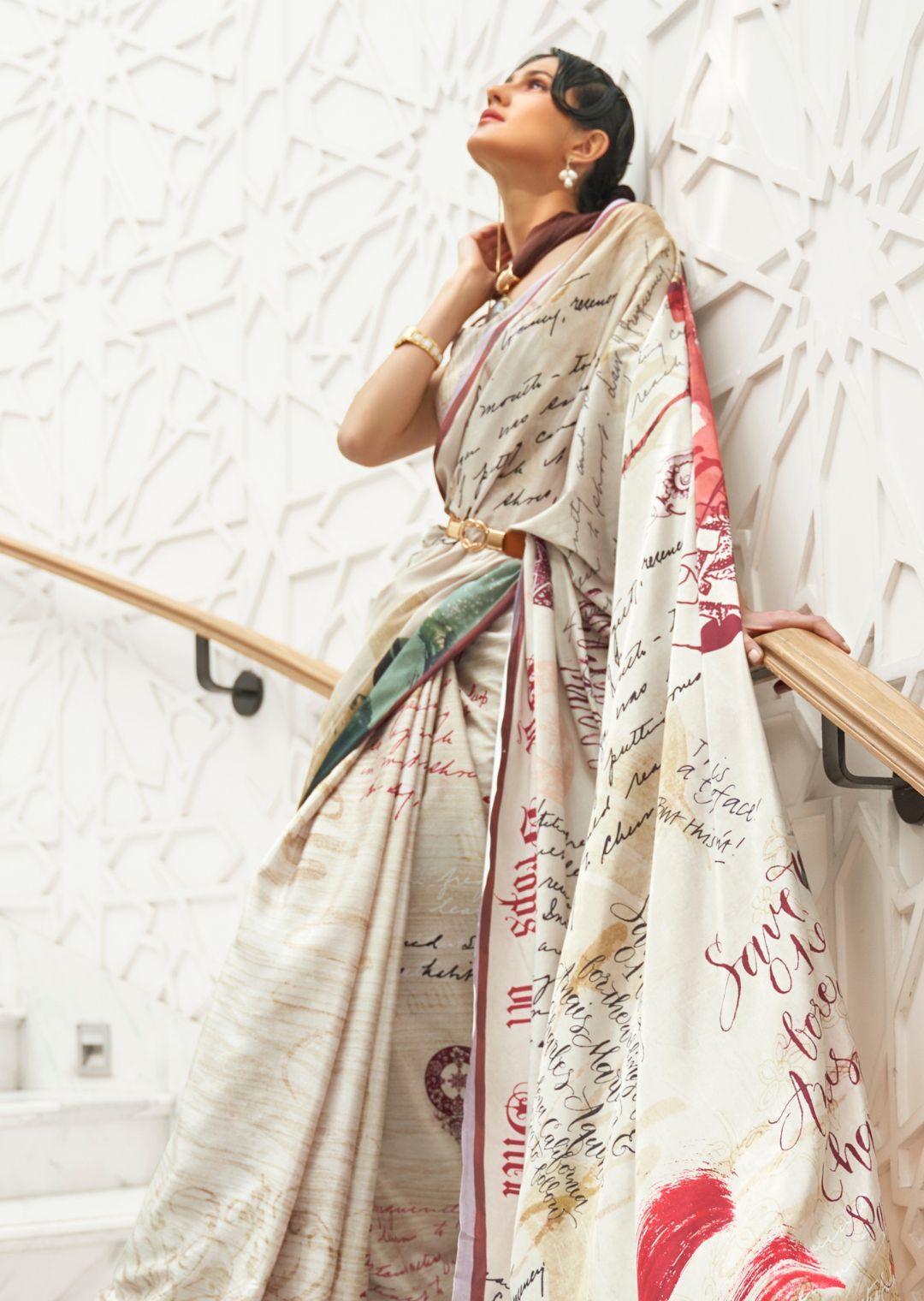 Cream White Kalamkari Printed Pure Crepe Silk Saree