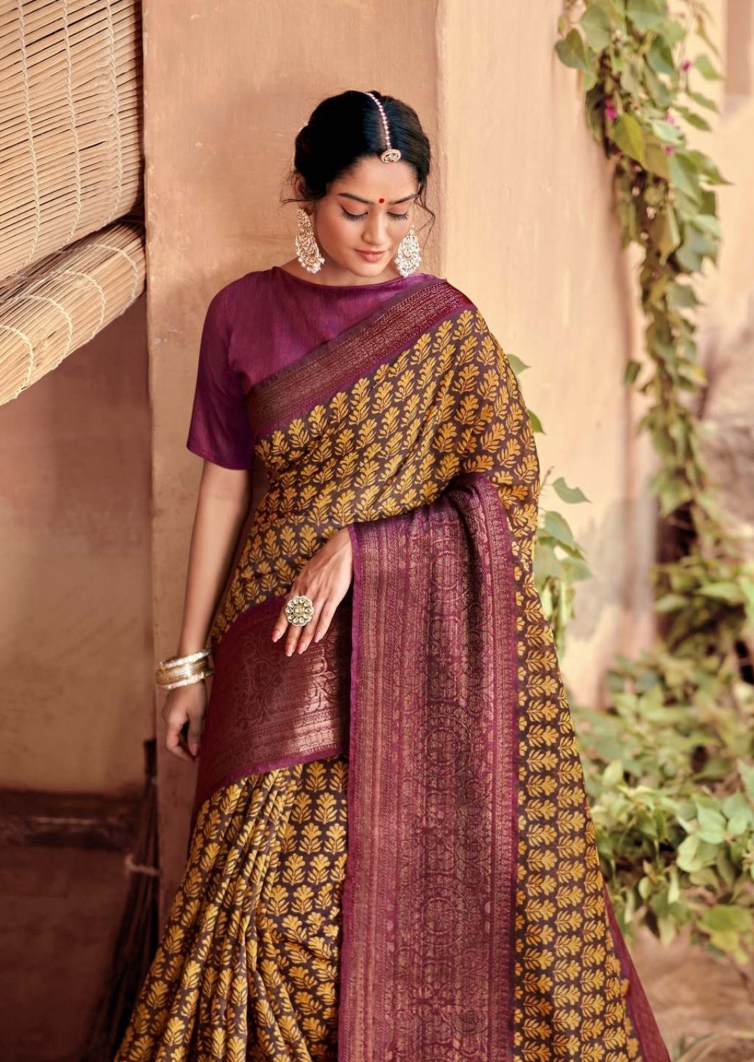 Wine Purple & Corn Yellow Woven Pure Handloom Cotton Saree