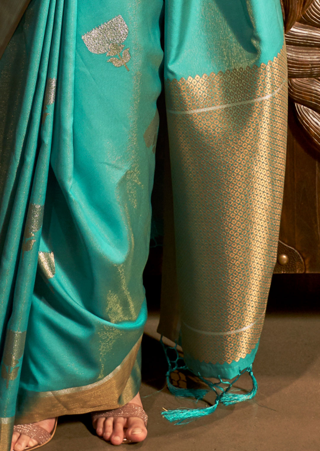 DEEP TURQUOISE BLUE ZARI WOVEN HANDLOOM SOUTH SILK SAREE