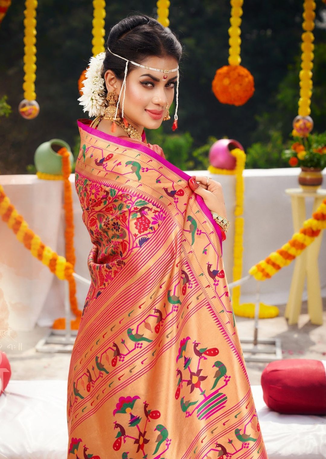 Young Woman in a Traditional Green and Pink Saree Dress Posing Outside ·  Free Stock Photo