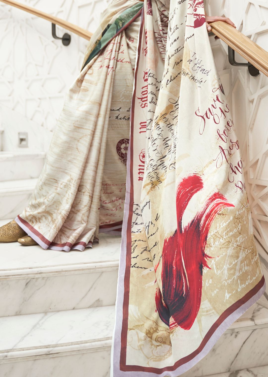 Cream White Kalamkari Printed Pure Crepe Silk Saree