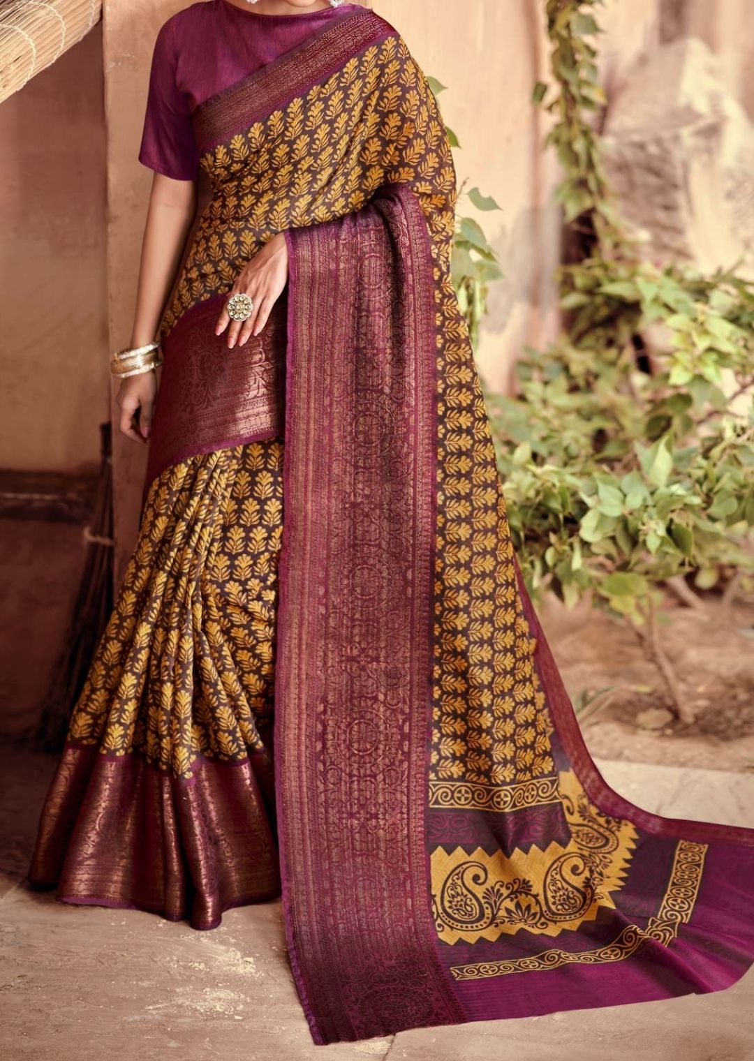 Wine Purple & Corn Yellow Woven Pure Handloom Cotton Saree