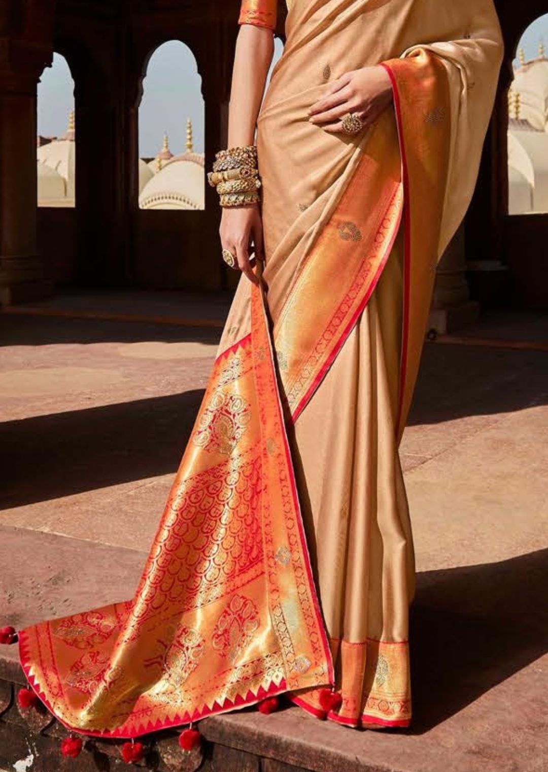 Beige Woven Traditional Banarasi Silk Saree