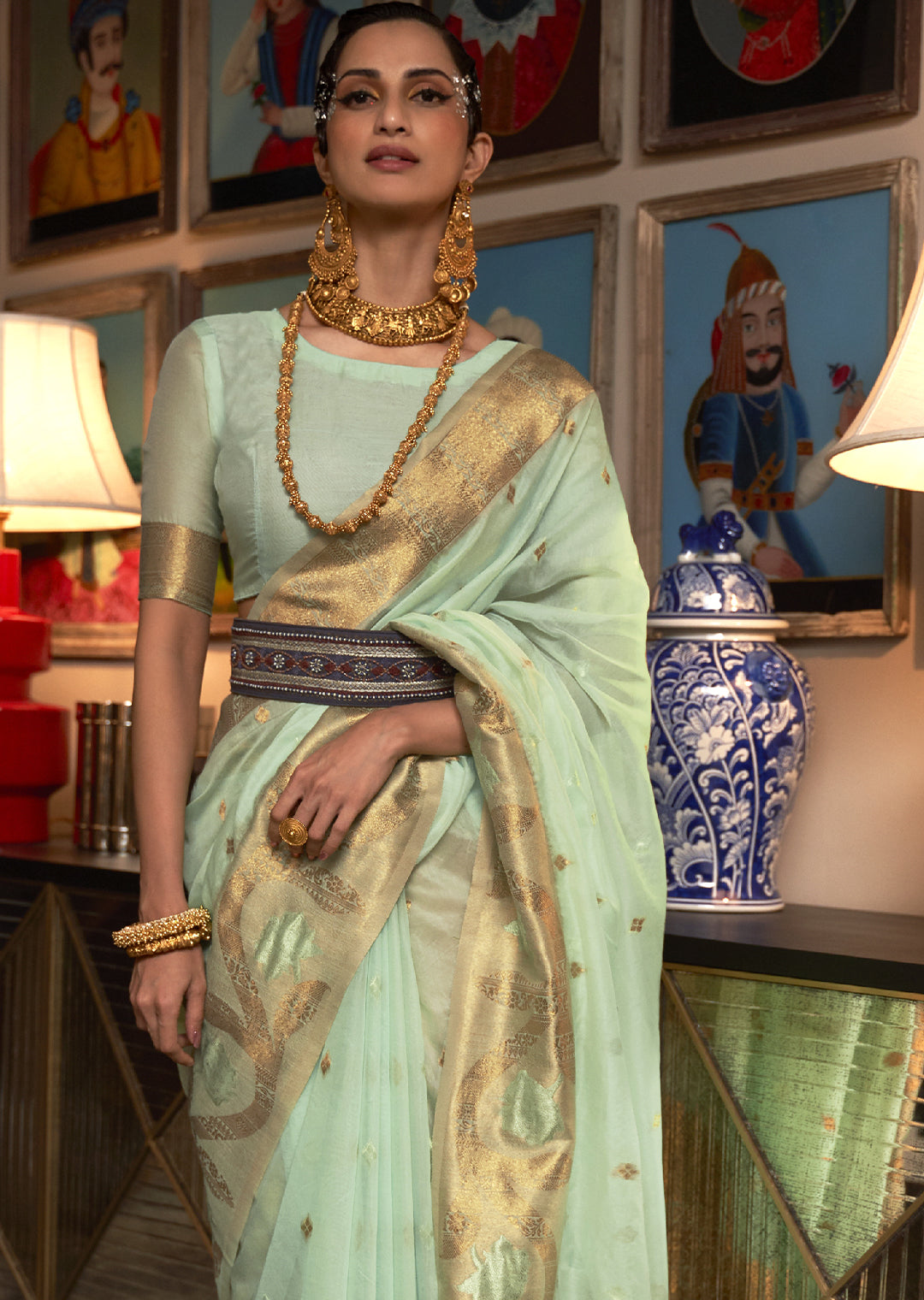 MINT GREEN COPPER ZARI WOVEN PURE HANDLOOM ORGANZA SILK SAREE