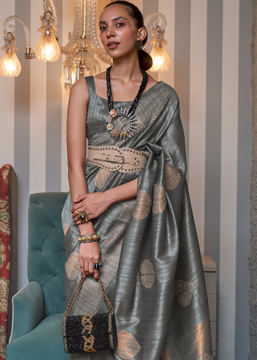 SLATE GRAY COPPER ZARI WOVEN HANDLOOM BANARASI SILK SAREE