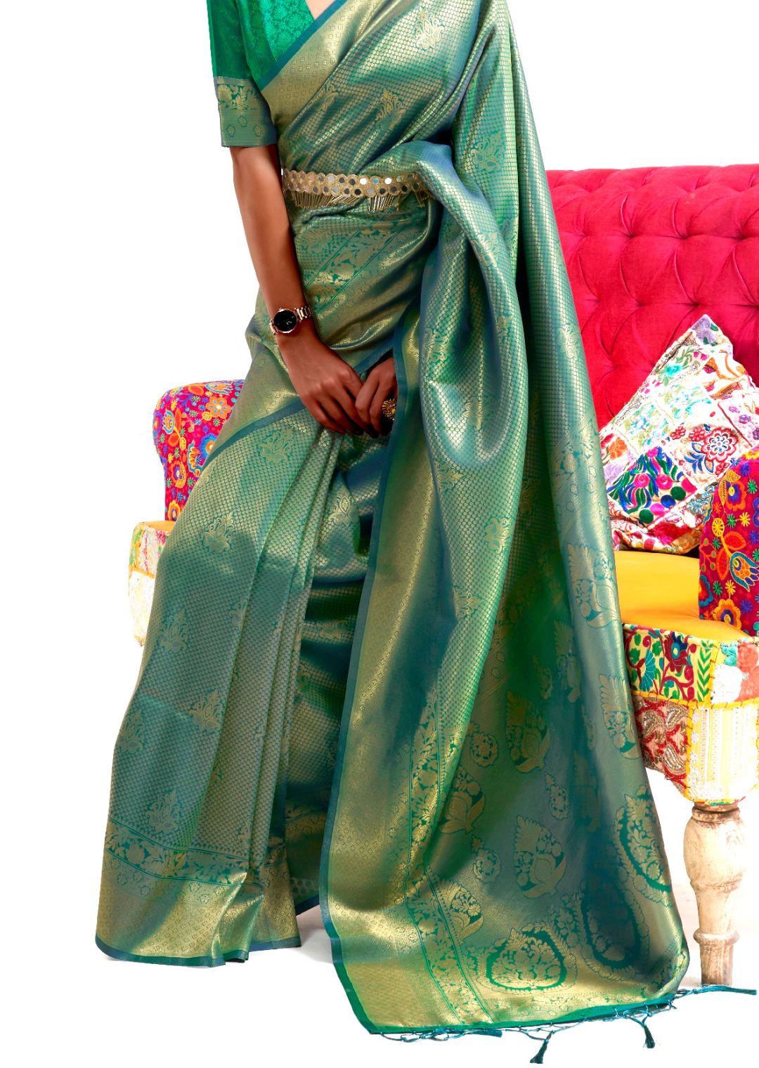 Handloom Pure Kanchipuram Peacock Green With Purple Colour Saree –  www.vannamayil.com