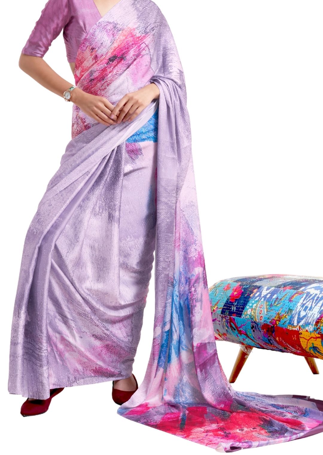 Light Lavender Purple Digital Printed Satin Crepe Saree