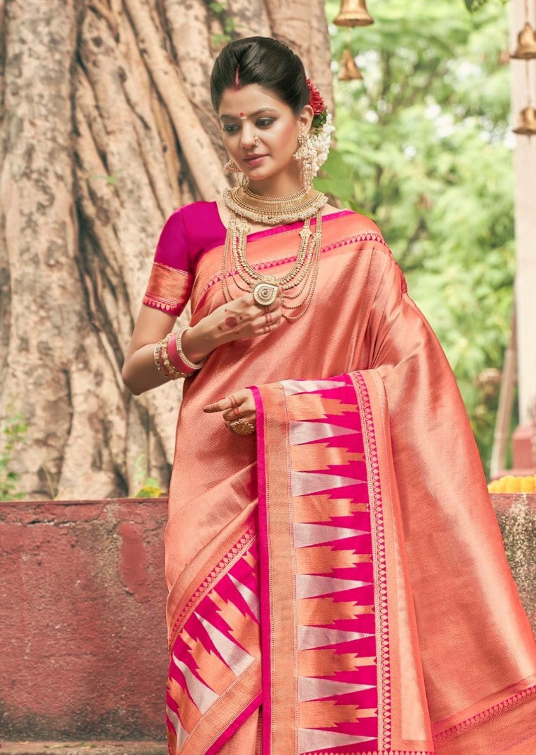 Golden Ruby Pink Woven Kanjivaram Silk Saree