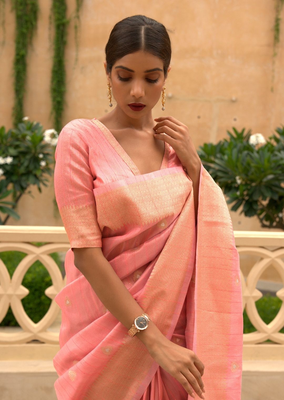 Watermelon Pink Zari Woven Pure Handloom Linen Saree