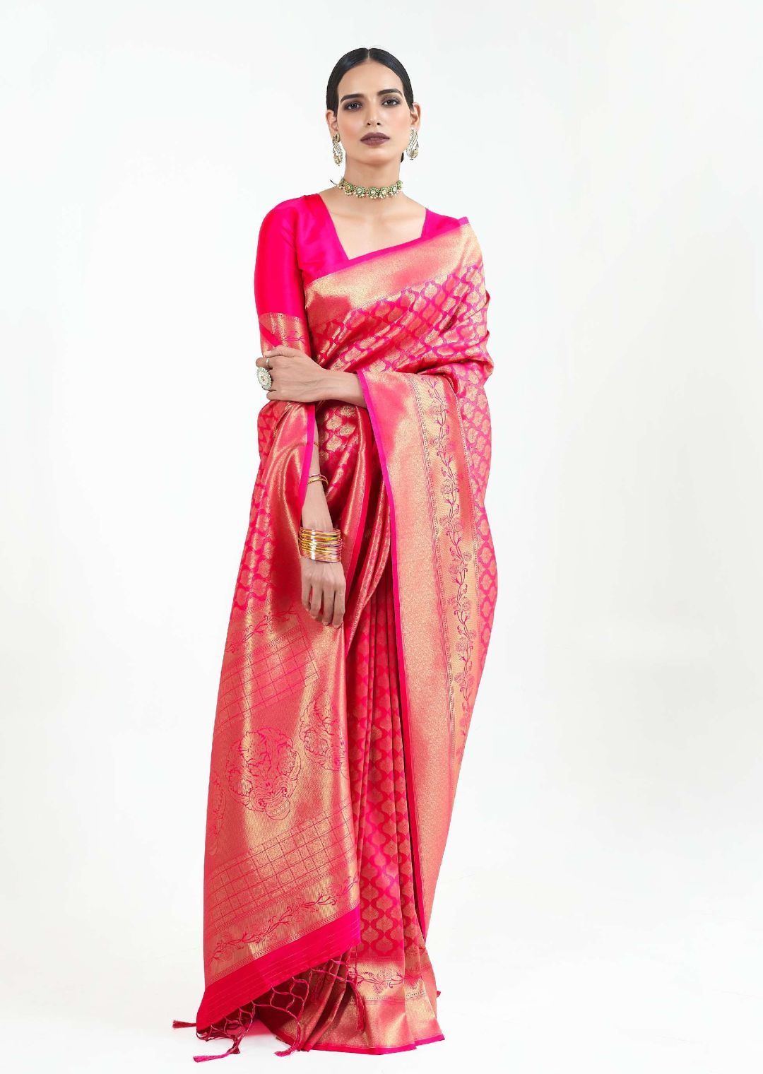 Ruby Pink Hand Woven Kanjivaram Silk Saree