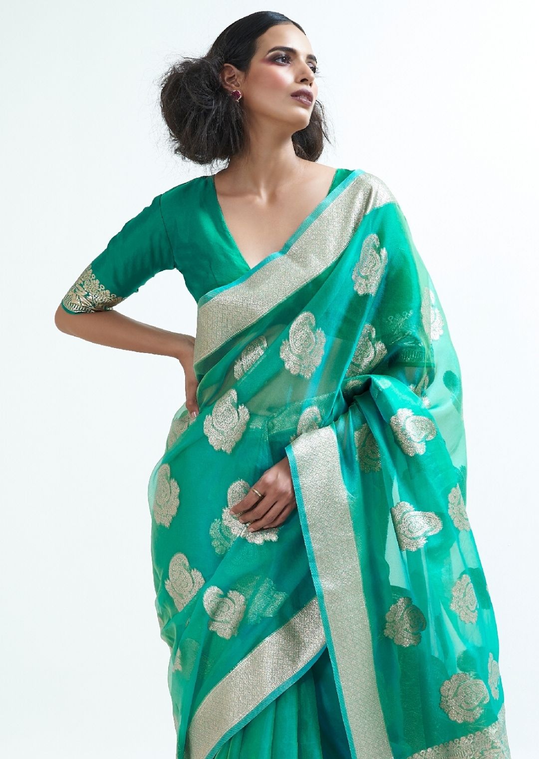 Turquoise Green Hand Woven Organza Silk Saree