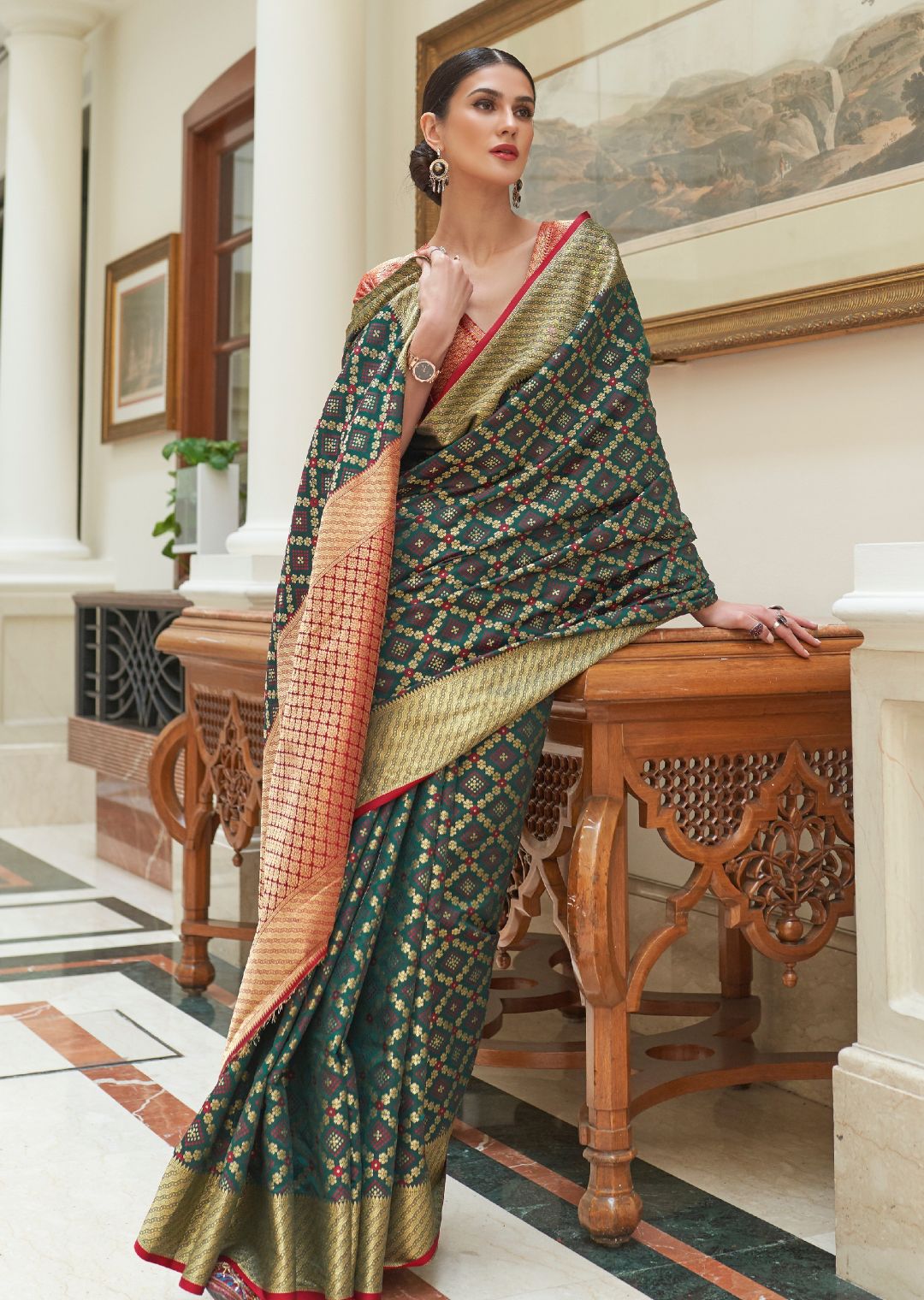 Bottle Green Zari Woven Traditional Patola Silk Saree With Self Brocade Blouse