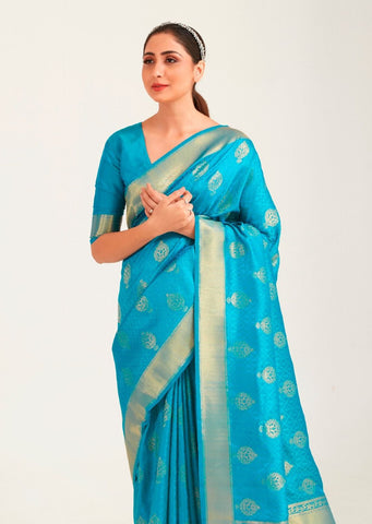 Dark Sky Blue Zari Woven Banarasi Silk Saree – zarikaariindia.com