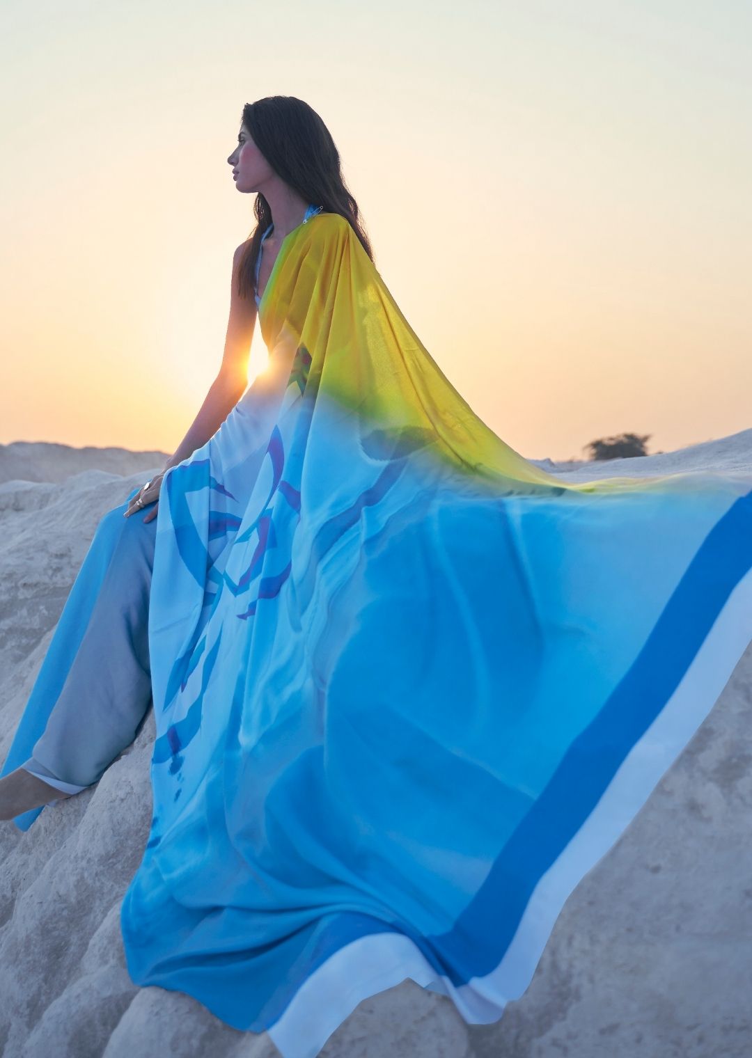 Sky Blue & Yellow Digital Printed Satin Crepe Saree