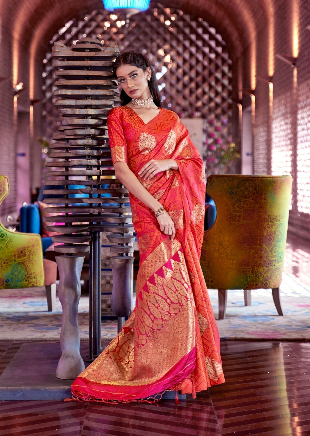 Deep Sunrise Orange Woven Pure Satin Silk Saree