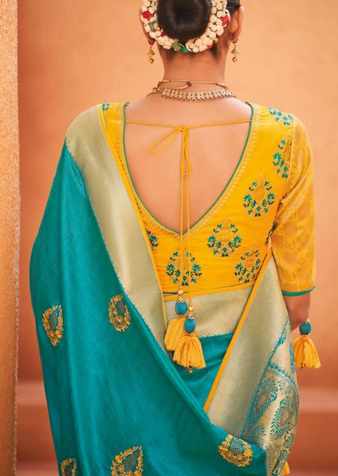 Designer Green Woven Banarasi Silk Saree With Blue Blouse