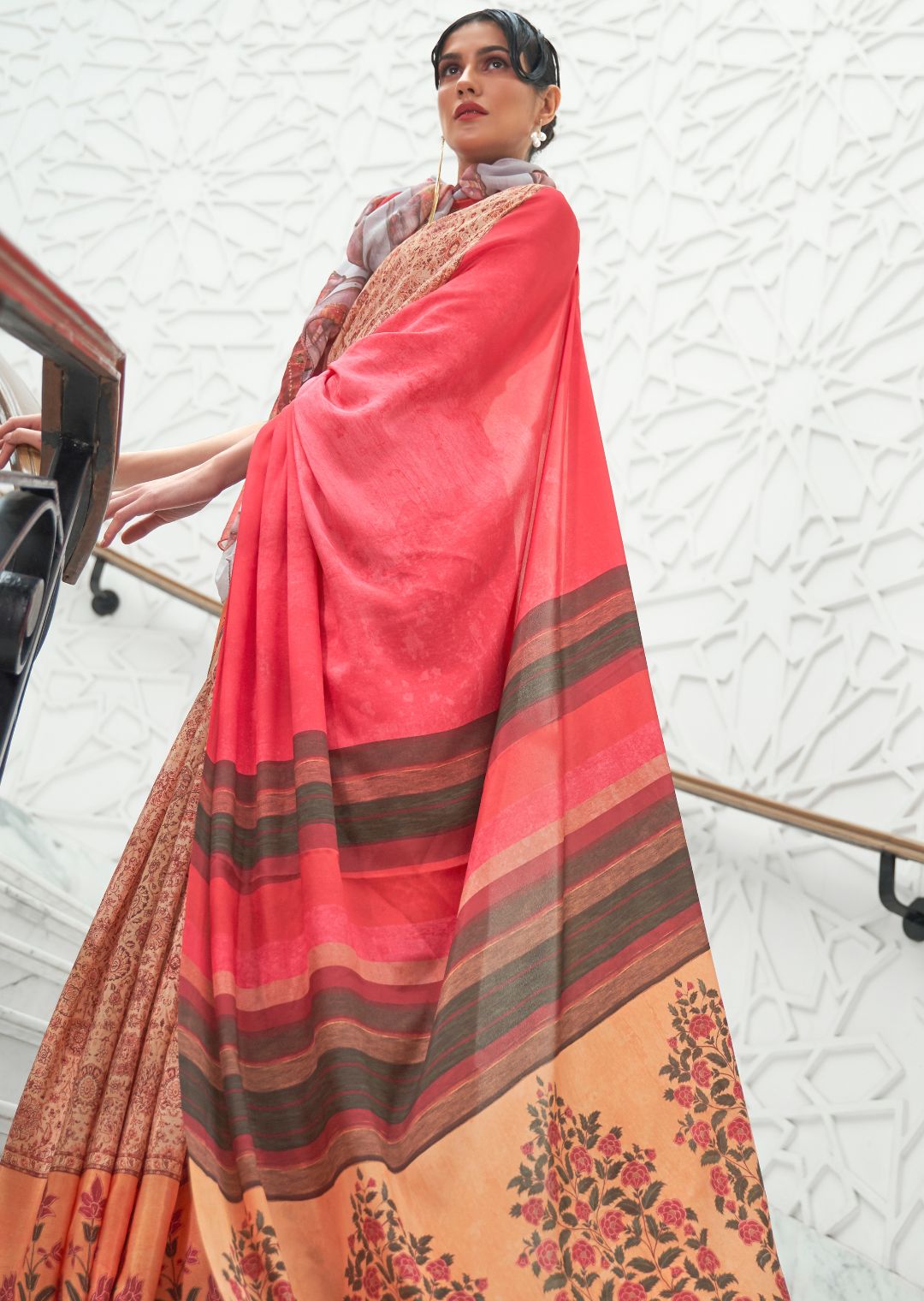 Peach Kalamkari Printed Pure Crepe Silk Saree