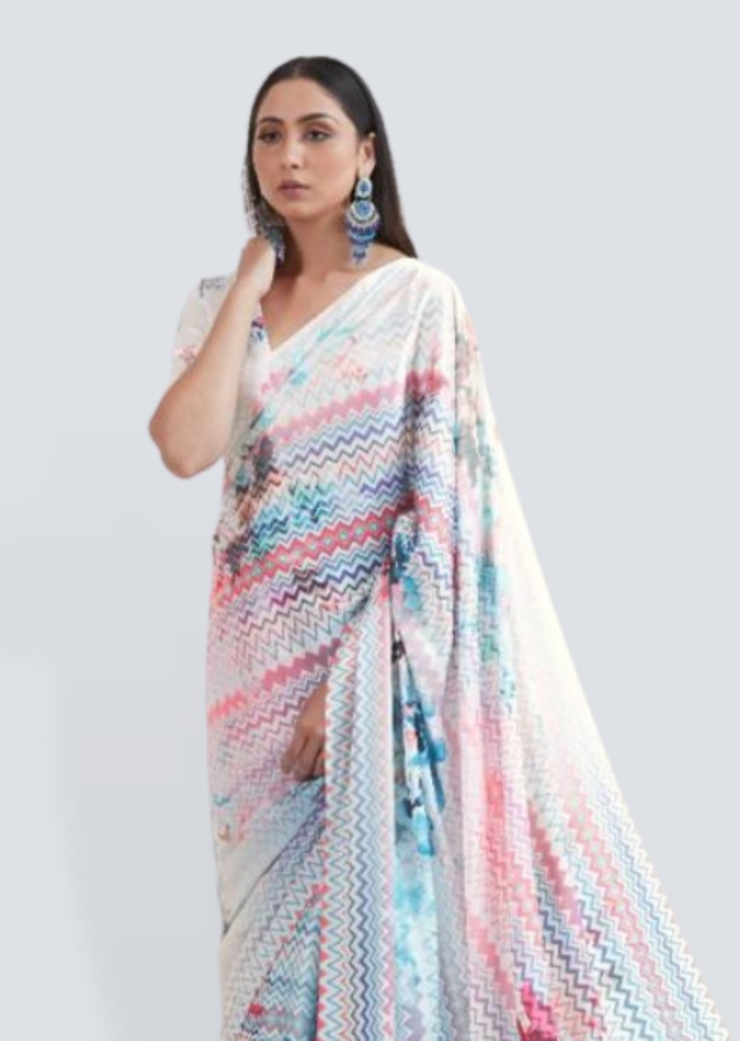 White Digital Printed Satin Crepe Saree