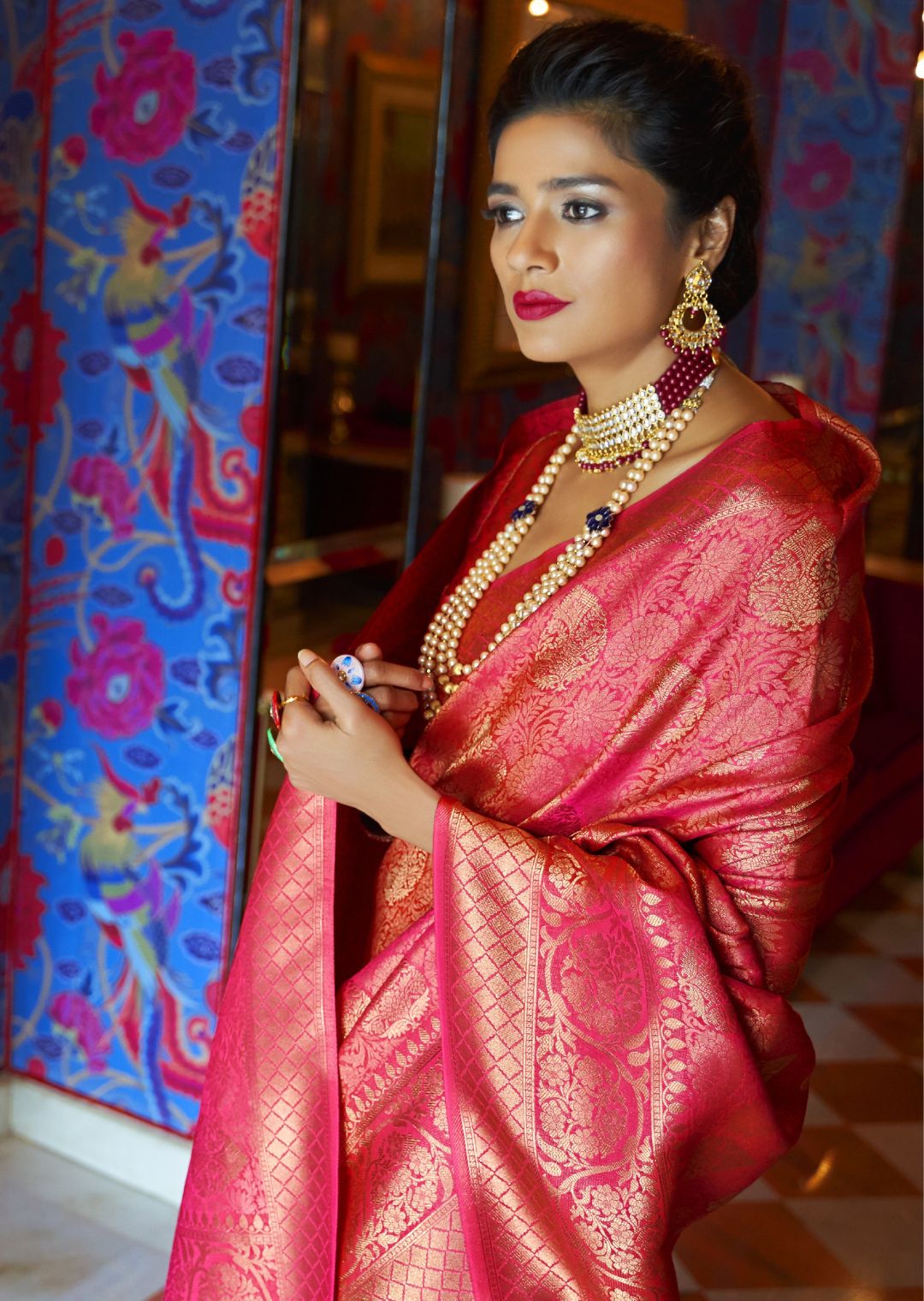 Crimson Pink Hand Woven Kanjivaram Silk Saree