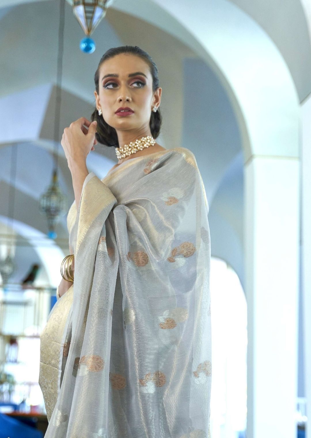 Pewter Gray Hand Woven Organza Tissue Silk Saree