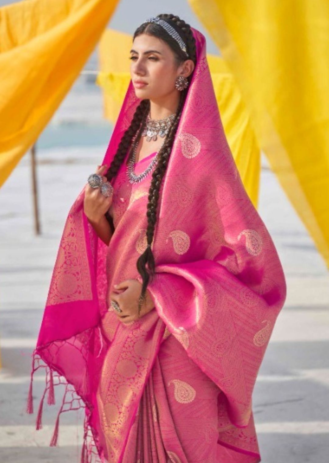 Hot Pink Hand Woven Kanjivaram Silk Saree