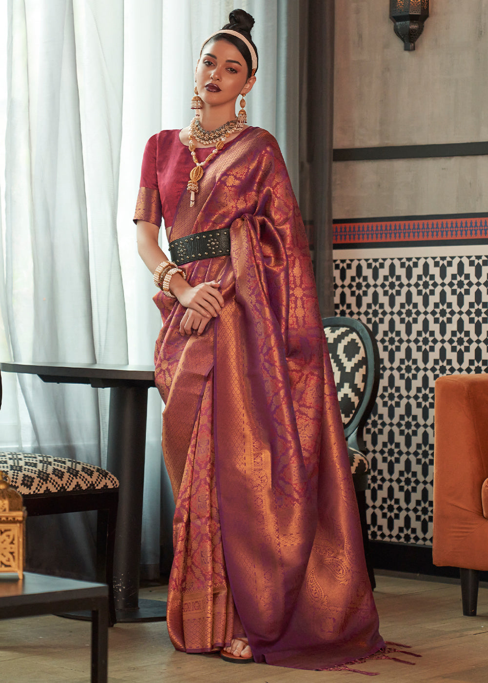 Mauve Purple Copper Zari Woven Silk Saree with Sequence work