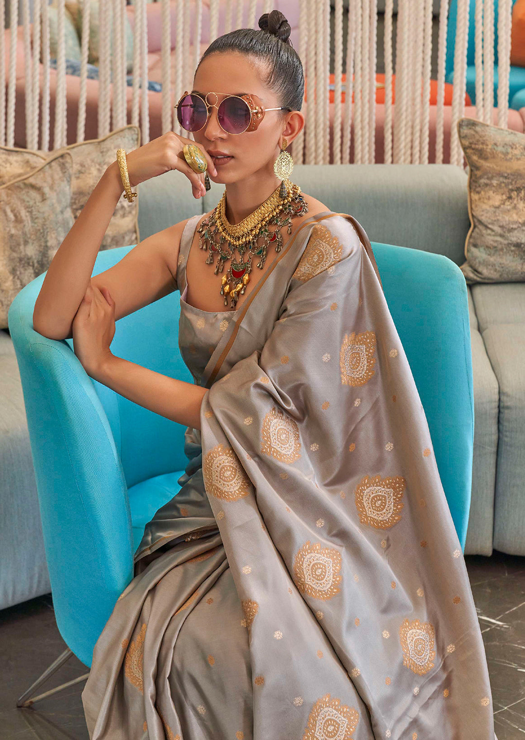 CLOUD GRAY COPPER ZARI WOVEN PURE SATIN SILK SAREE