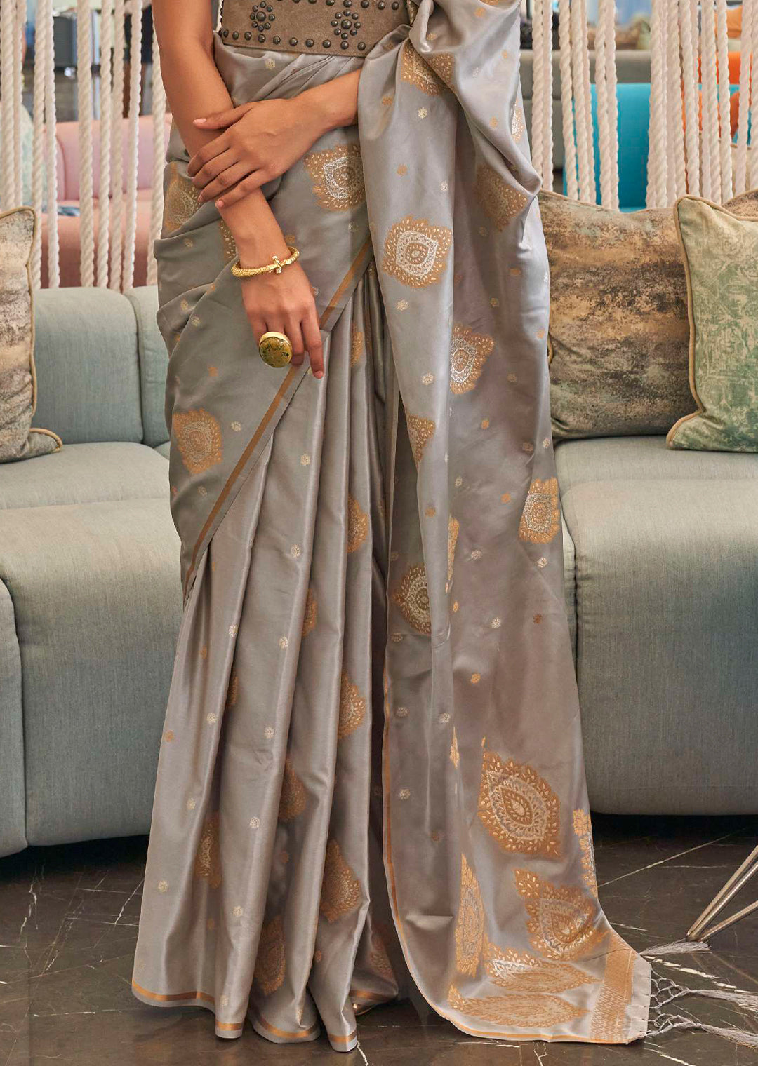 CLOUD GRAY COPPER ZARI WOVEN PURE SATIN SILK SAREE