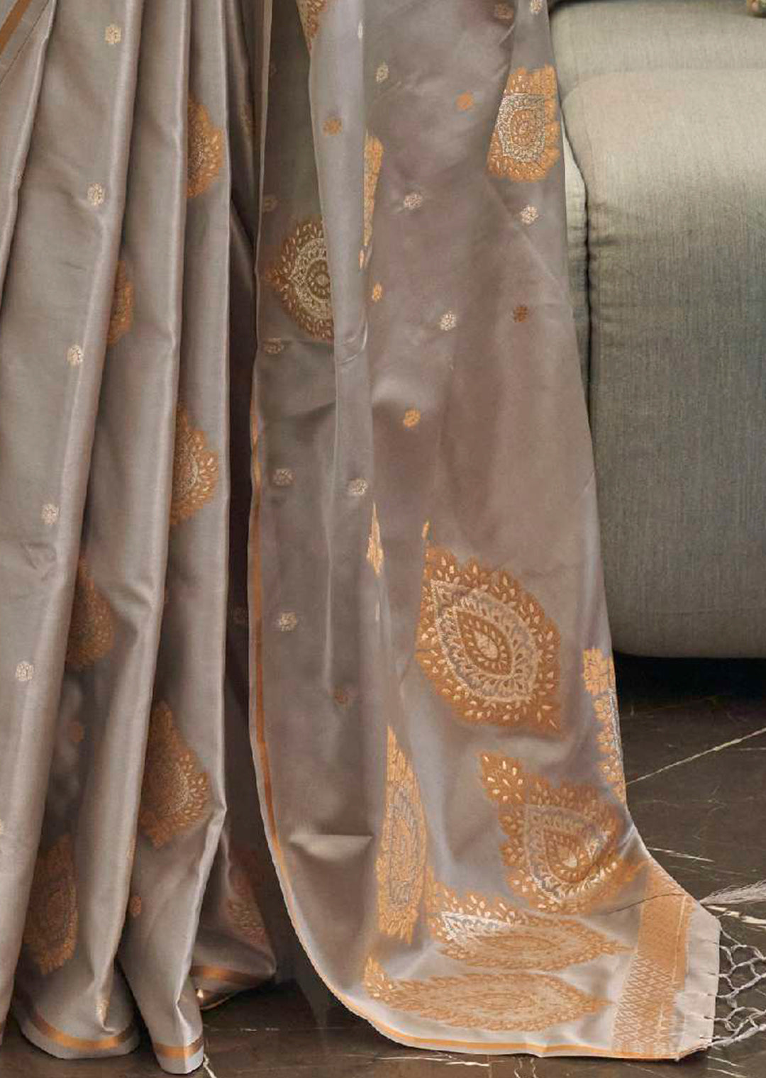 CLOUD GRAY COPPER ZARI WOVEN PURE SATIN SILK SAREE