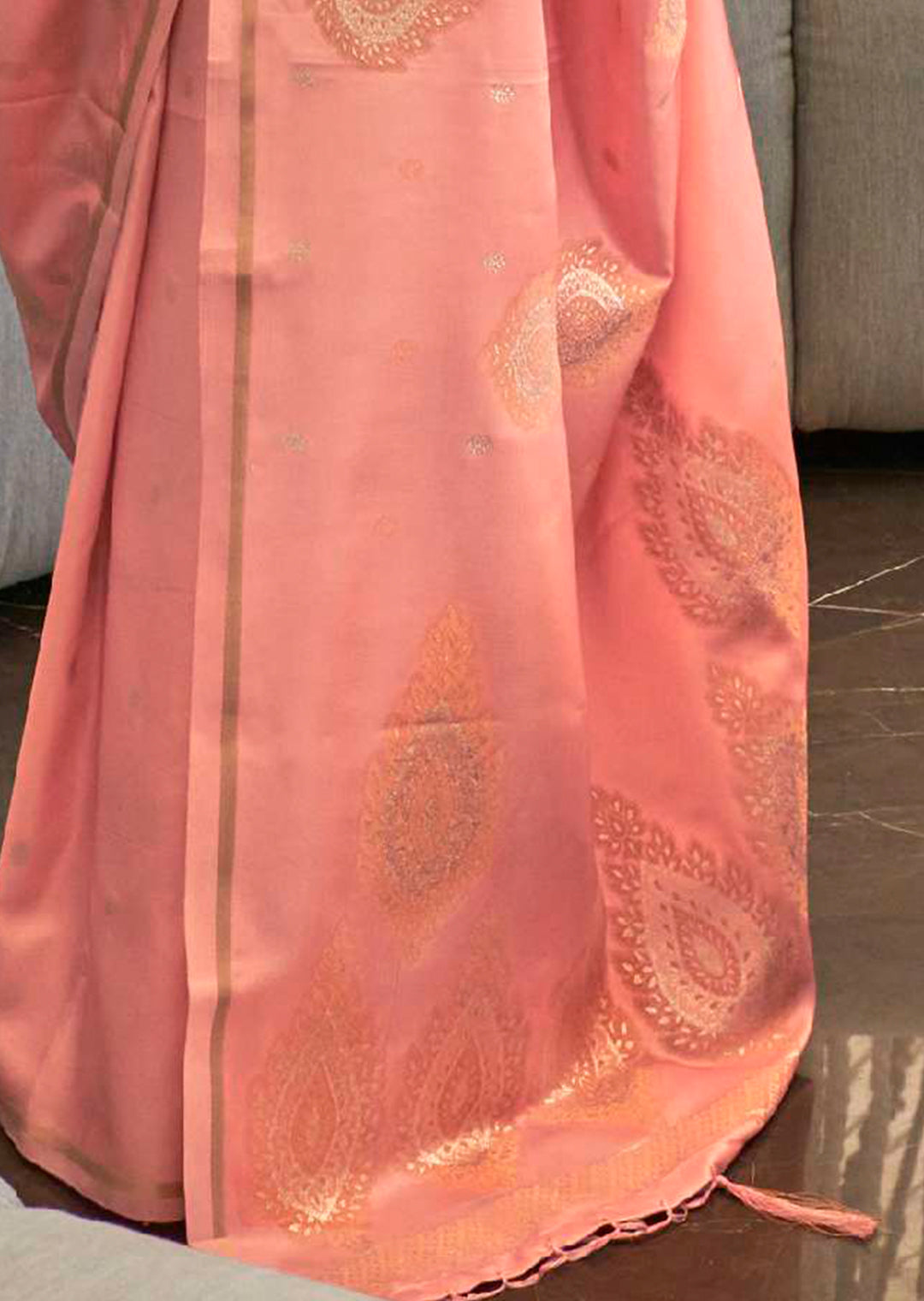 LEMONADE PINK COPPER ZARI WOVEN PURE SATIN SILK SAREE