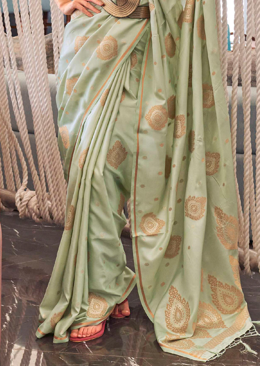 TEA GREEN COPPER ZARI WOVEN PURE SATIN SILK SAREE