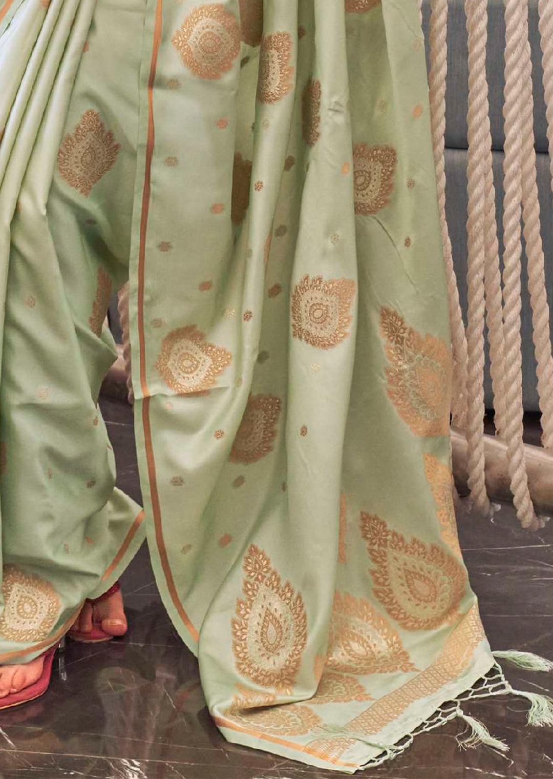 TEA GREEN COPPER ZARI WOVEN PURE SATIN SILK SAREE